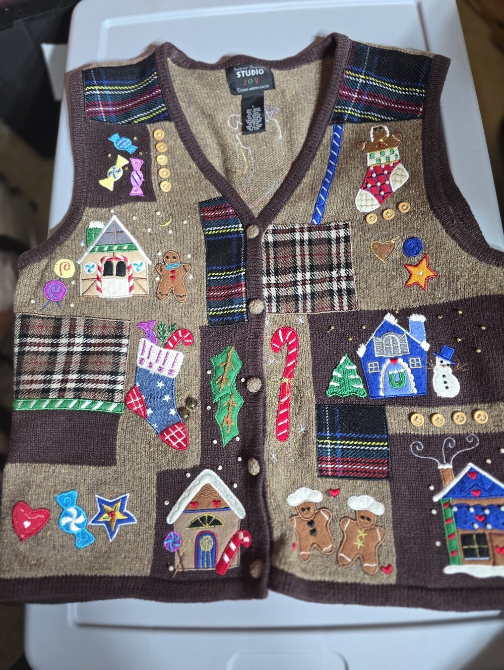 Vintage Studio Joy Size Large Holiday Patchwork Christmas Sweater Vest